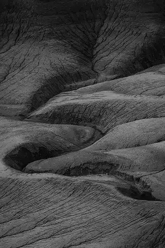 Erosion Patterns Black and white photo of erosion patterns—dendritic and serpentine—captured from a high cliff in Hanksville, Utah, after sunrise during a photography workshop, taken by Bob Hart.