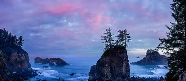 Sunrise Panorama - Oregon Coast Panoramic sunrise photo of tree-topped sea stacks with Arch Rock in the distance on the Oregon Coast, under pink and blue morning clouds. Taken by Bob Hart.
