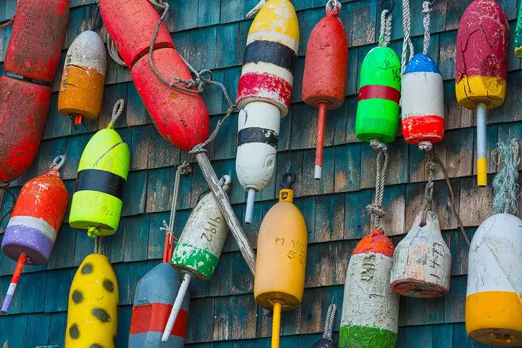 Photography location; A blue painted, shake sided, house wall is shown. Covering the wall is an assortment of colorful lobster buoys who have swung on the wall, in the wind, and rubbed away much of the blue paint down to bare wood.