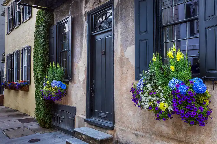 Workshop location, Historic Charleston home with faded, yellow stucco, black shutters, trim and door. Each street side window has a flower box underneath that is over flowing with a tasteful assortment of blooming flowers.