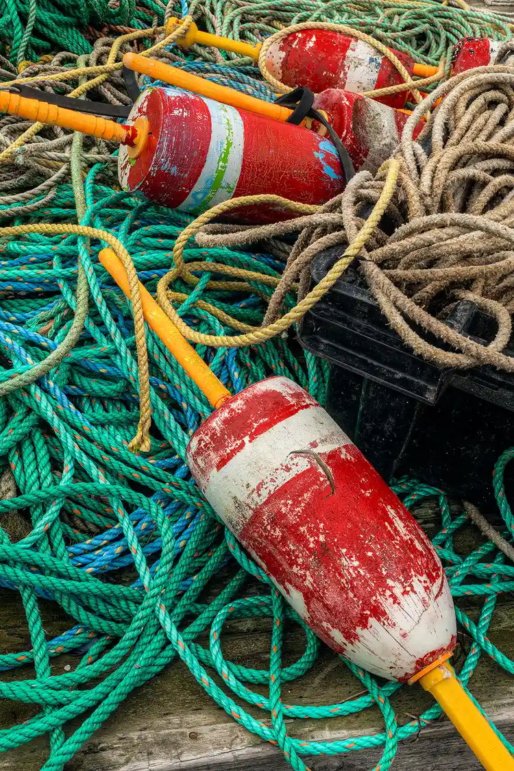 Workshop image; Vertical Maine coast image of red and white lobster buoys strewn across piles of partially coiled turquoise, blue and tan rope.