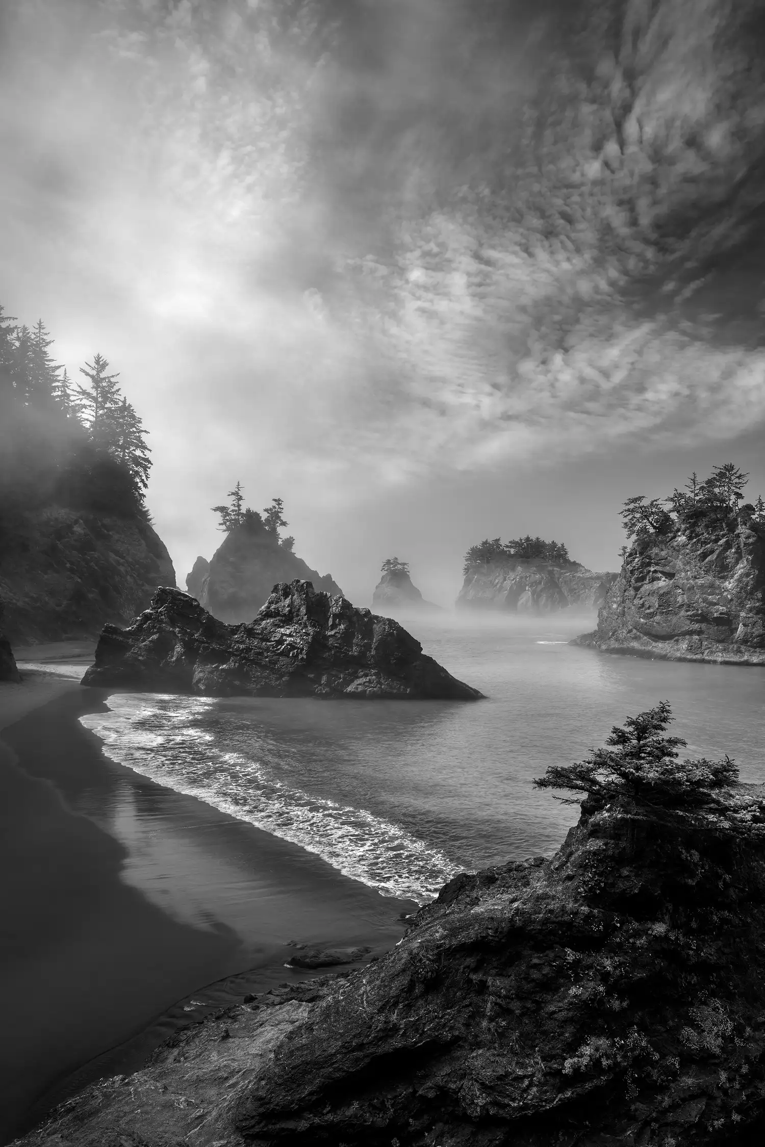 Misty morning at Secret Beach with sea stacks rising from the surf.
