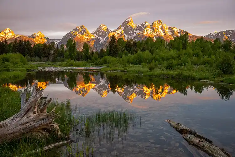 Sunrise reflection of the Teton Range in the beaver ponds at Schwabacher Landing, Grand Teton National Park.