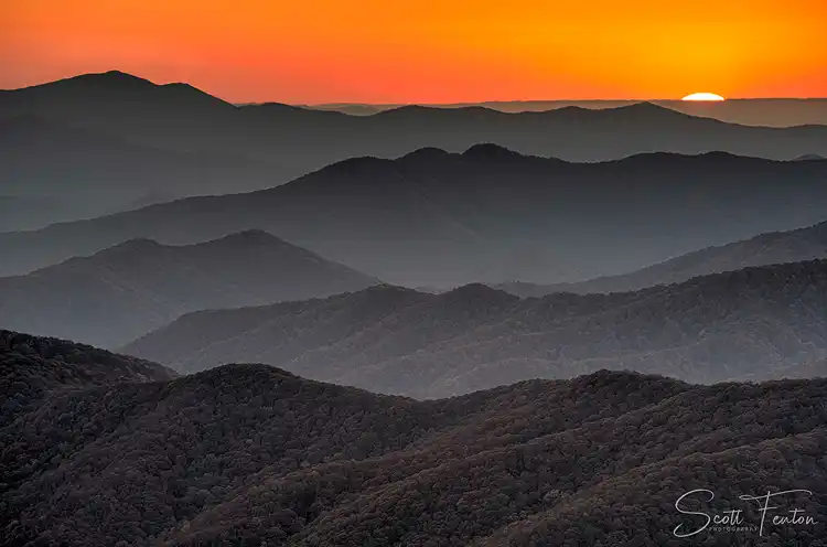 Layers of hazy mountain ridges at sunset viewed from Clingmans Dome in Great Smoky Mountains National Park.