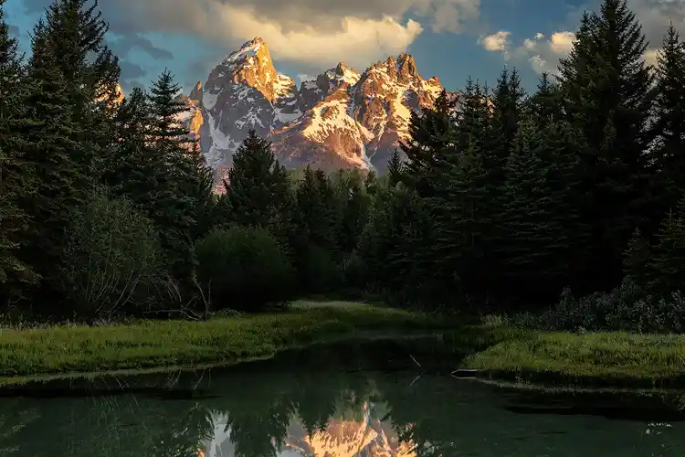 Sunrise light on the Teton Range framed by evergreen trees at Schwabacher Landing, Grand Teton National Park.