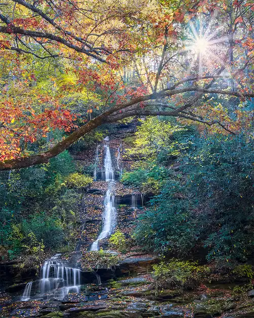 Tom Branch Falls framed by colorful autumn branches with a morning sunstar in Great Smoky Mountains National Park.